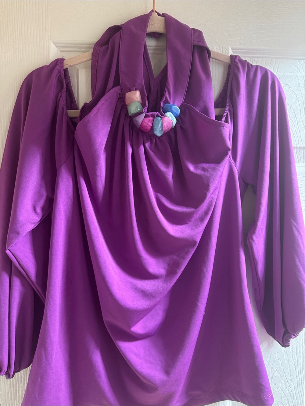 Boston Proper Bright Purple Cold-Shoulder Drape Blouse with Beaded Halter Top